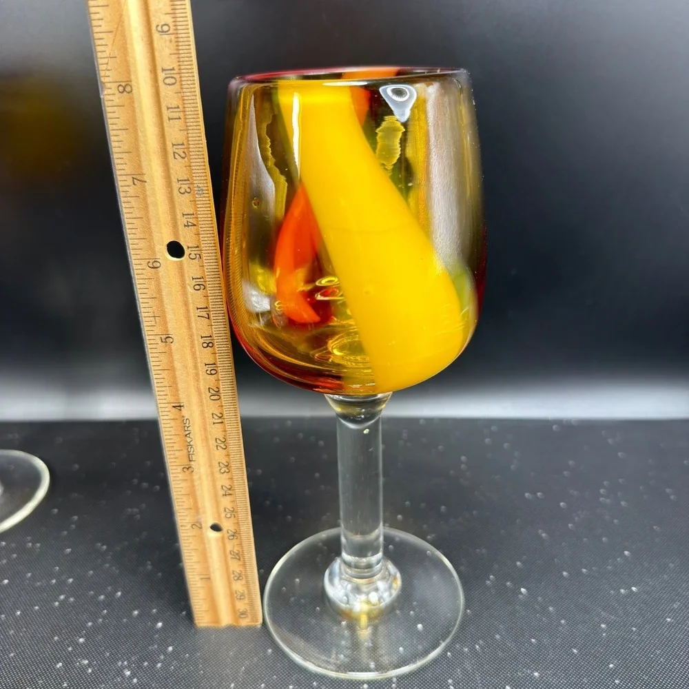 Pier 1 Hand Blown Art Glass Cups Glasses Set of 2 Amber Red Yellow Swirl Stripe